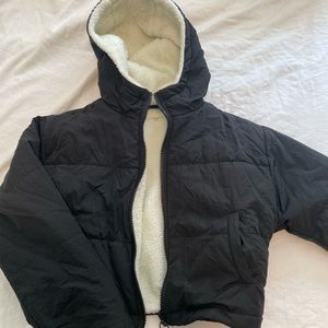 black cropped sherpa lined hooded puffer